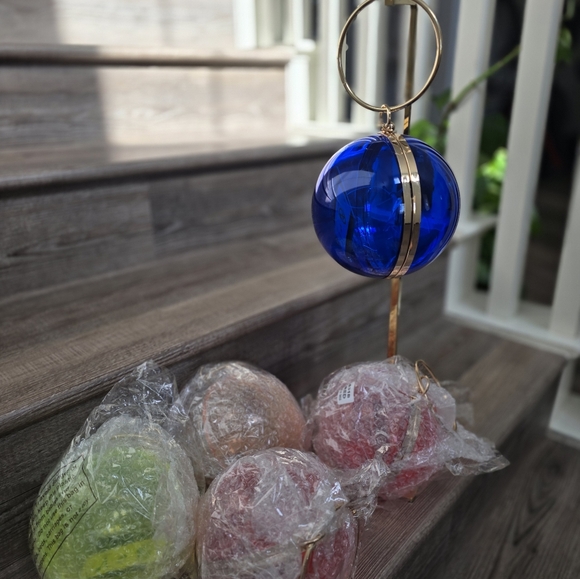 Cobalt blue wristlet round ball, gold trim and gold crossbody chain. - Picture 7 of 9